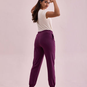 Women Solid Dark Purple Mid Rise Cotton Casual Joggers