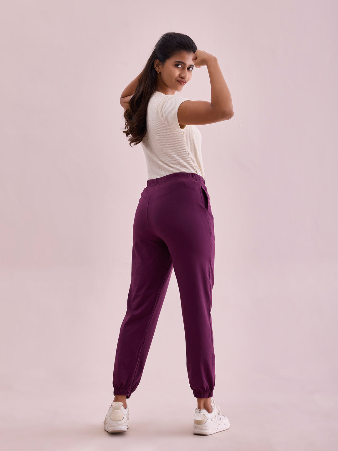Women Solid Dark Purple Mid Rise Cotton Casual Joggers