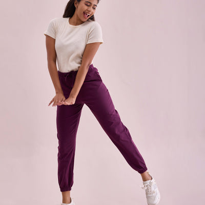 Women Solid Dark Purple Mid Rise Cotton Casual Joggers