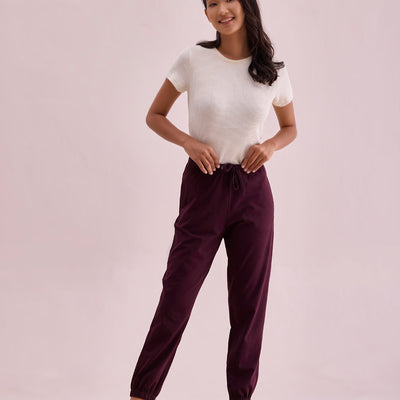 Women Solid Dark Wine Mid Rise Casual Joggers
