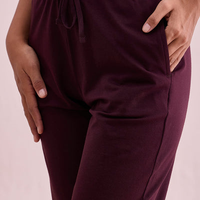 Women Solid Dark Wine Mid Rise Casual Joggers
