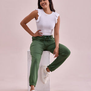 Women Solid Evergreen Mid Rise Cotton Casual Joggers