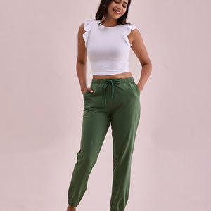 Women Solid Evergreen Mid Rise Cotton Casual Joggers