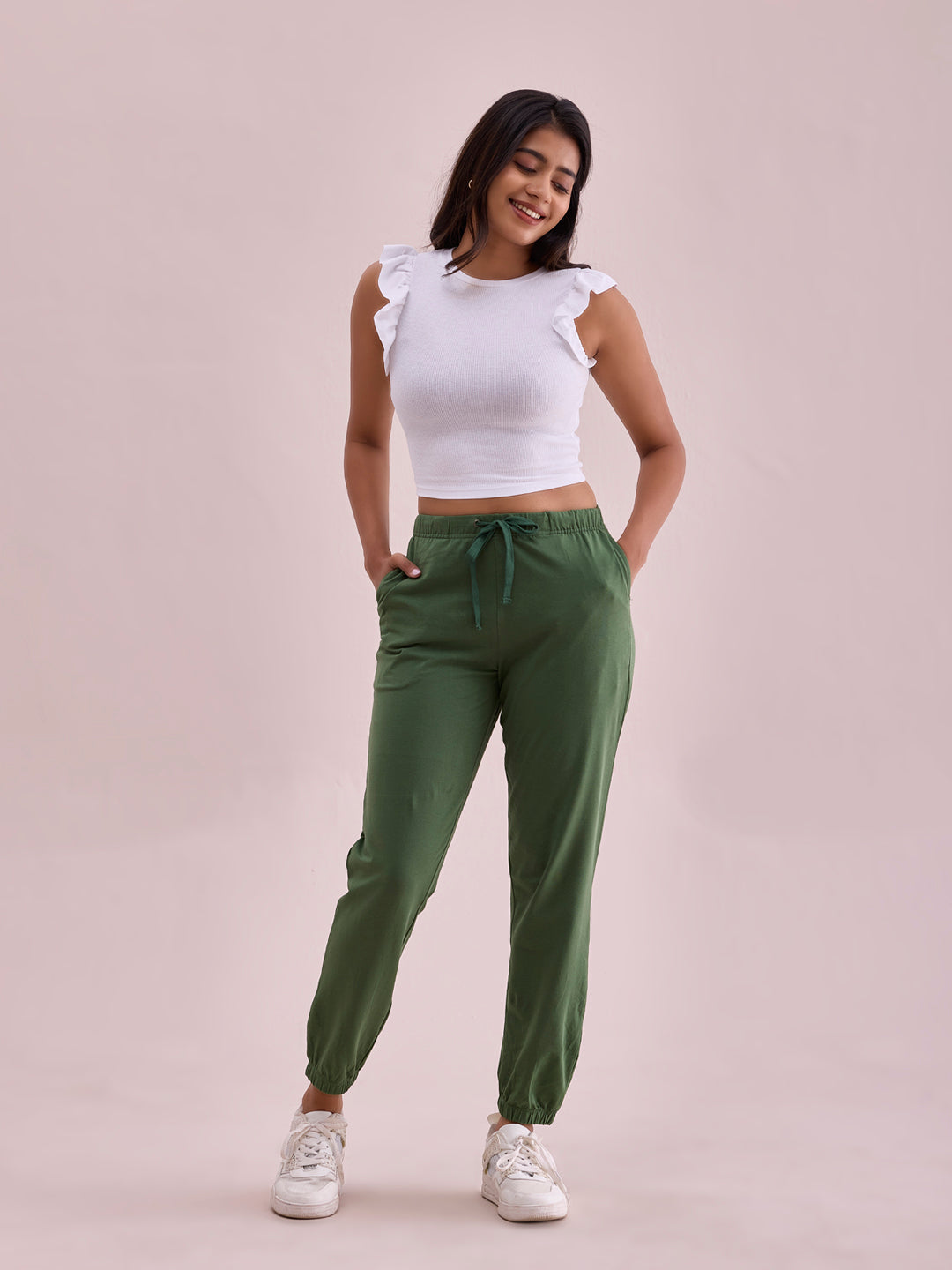 Women Solid Evergreen Mid Rise Cotton Casual Joggers