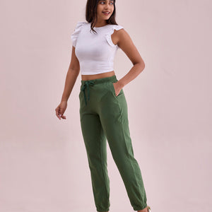 Women Solid Evergreen Mid Rise Cotton Casual Joggers