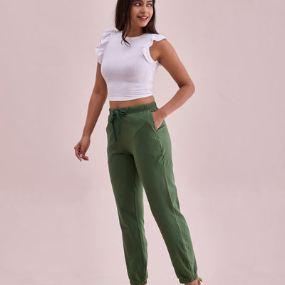 Women Solid Evergreen Mid Rise Cotton Casual Joggers