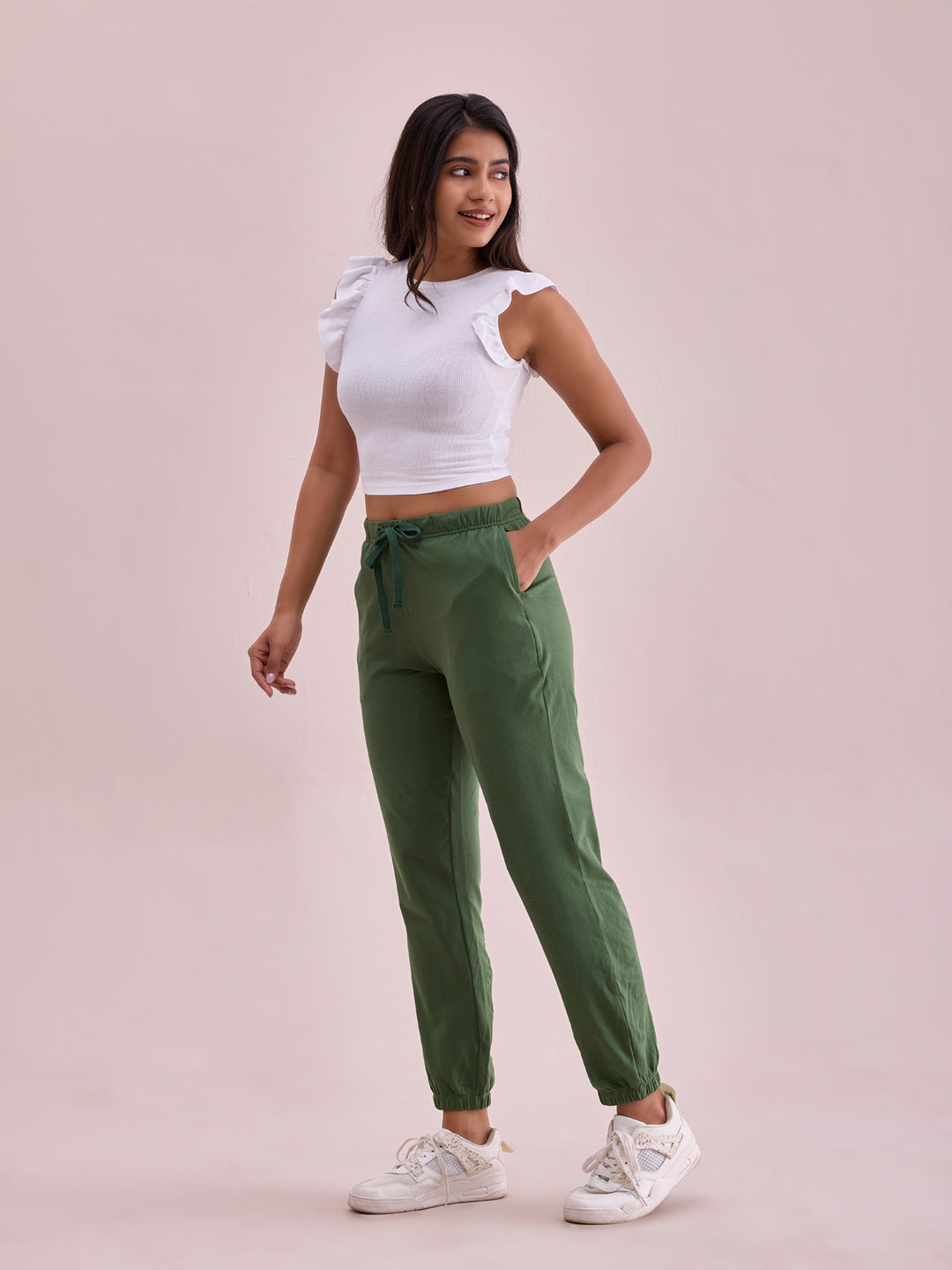 Women Solid Evergreen Mid Rise Cotton Casual Joggers