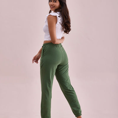 Women Solid Evergreen Mid Rise Cotton Casual Joggers