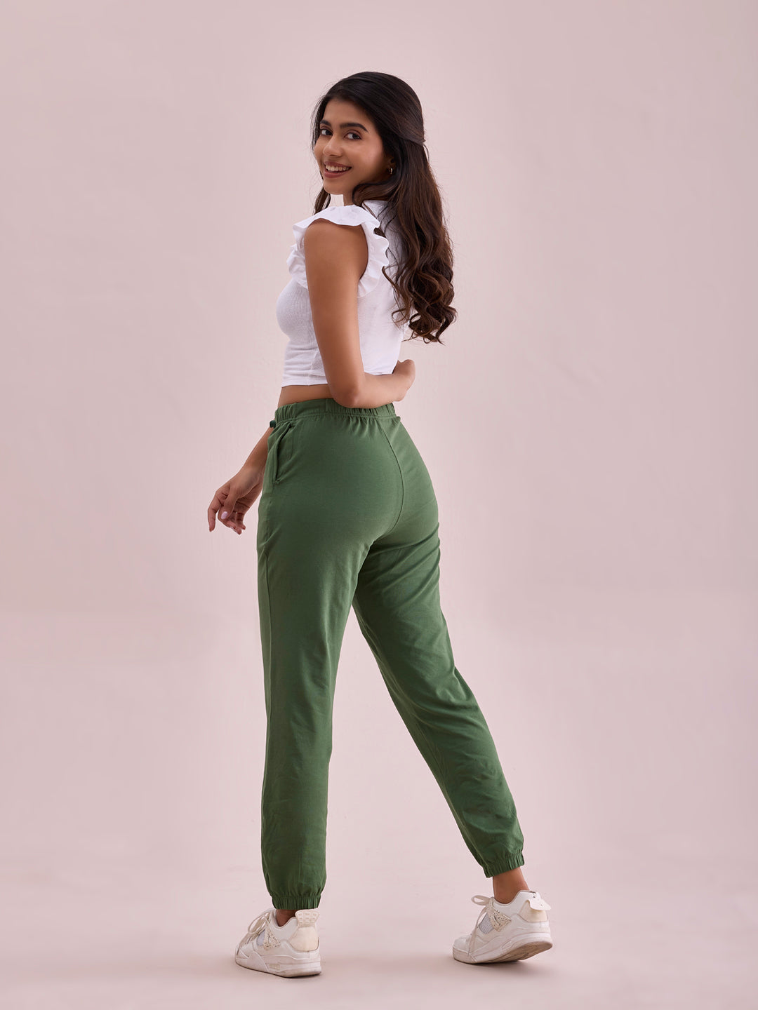 Women Solid Evergreen Mid Rise Cotton Casual Joggers