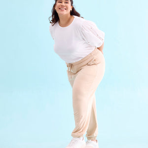 Women Solid Light Beige Mid Rise Casual Joggers