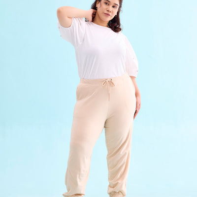 Women Solid Light Beige Mid Rise Casual Joggers