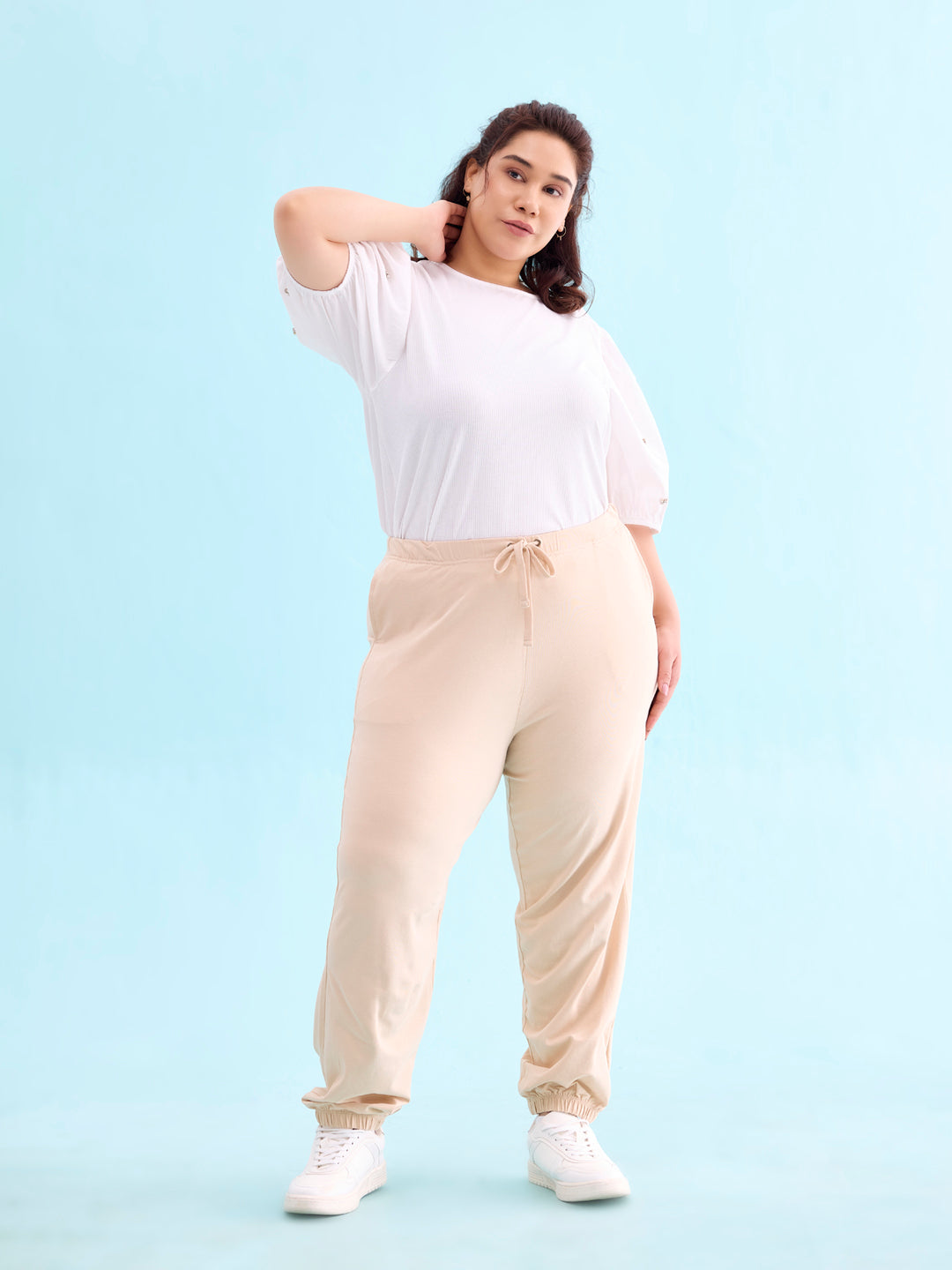 Women Solid Light Beige Mid Rise Casual Joggers