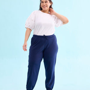 Women Solid Navy Mid Rise Cotton Casual Joggers
