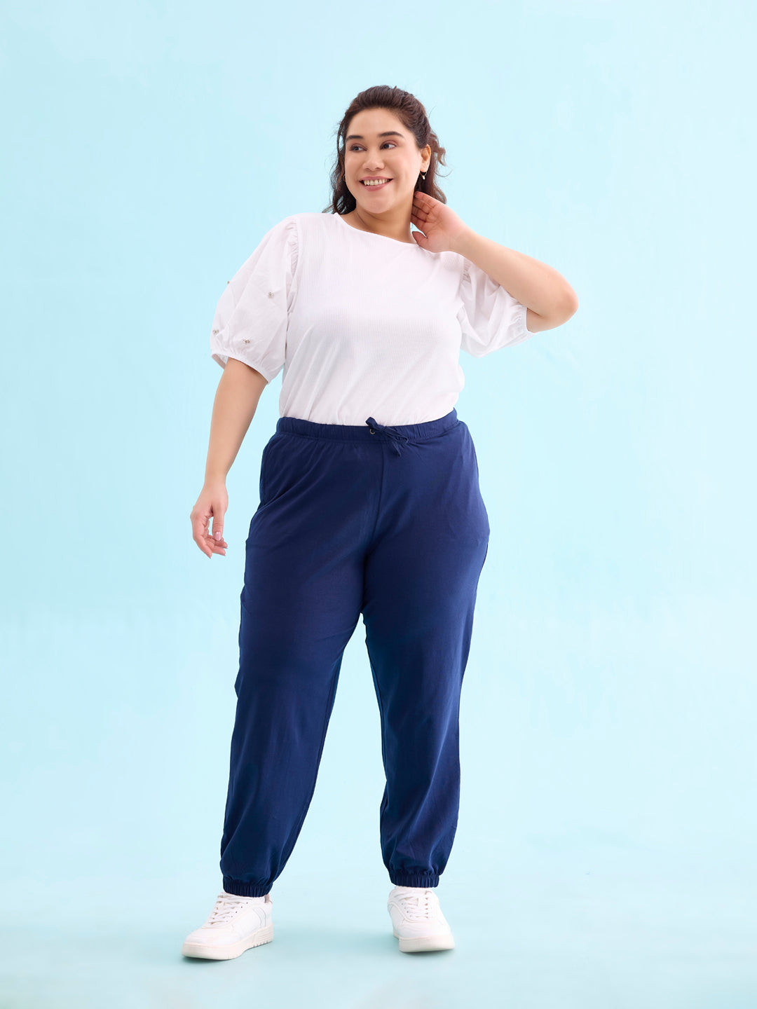 Women Solid Navy Mid Rise Cotton Casual Joggers