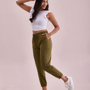 Women Solid Olive Green Mid Rise Casual Joggers