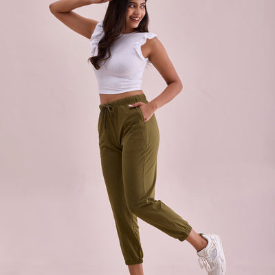 Women Solid Olive Green Mid Rise Casual Joggers