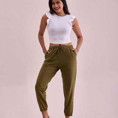 Women Solid Olive Green Mid Rise Casual Joggers