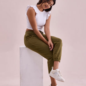 Women Solid Olive Green Mid Rise Casual Joggers