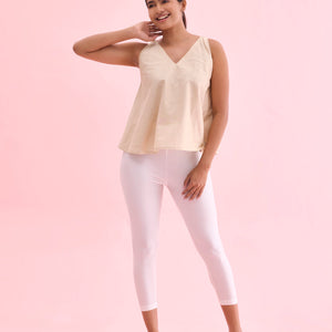 Women Solid White Shimmer Cropped Leggings