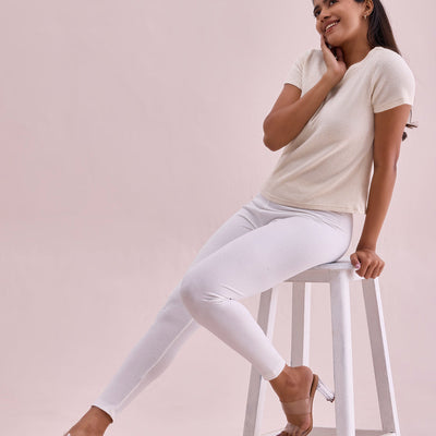 Women Solid Cream Ribbed Leggings