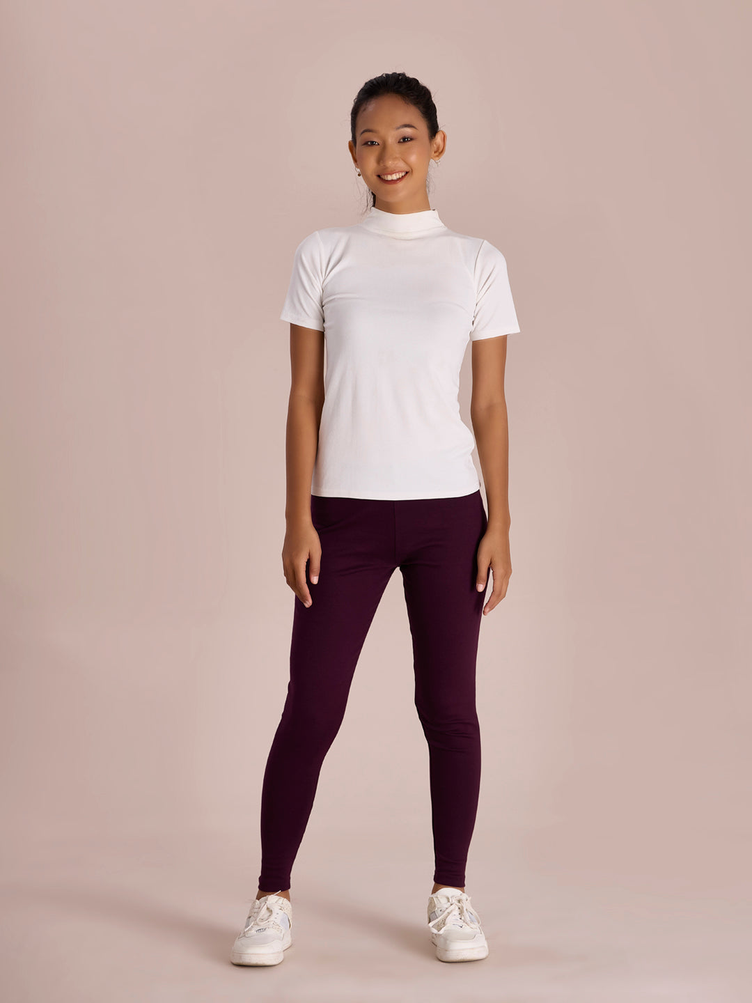 Women Solid Dark Wine Ribbed Warm Leggings