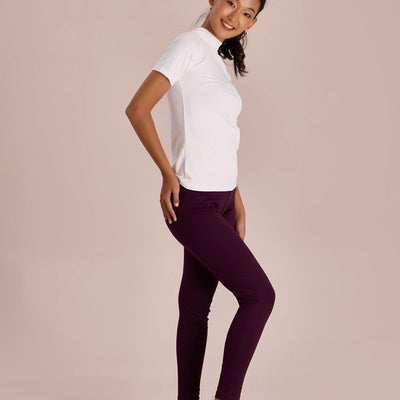 Women Solid Dark Wine Ribbed Warm Leggings