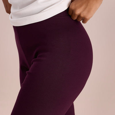 Women Solid Dark Wine Ribbed Warm Leggings