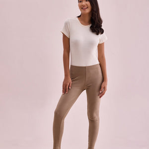 Women Solid Beige Mid Rise Warm Suede Legging