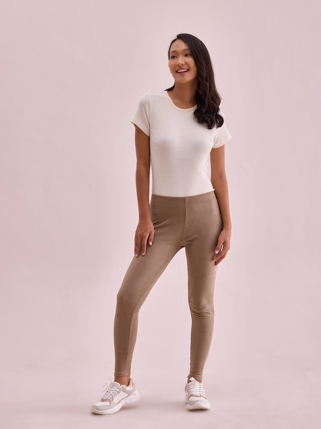 Women Solid Beige Mid Rise Warm Suede Legging