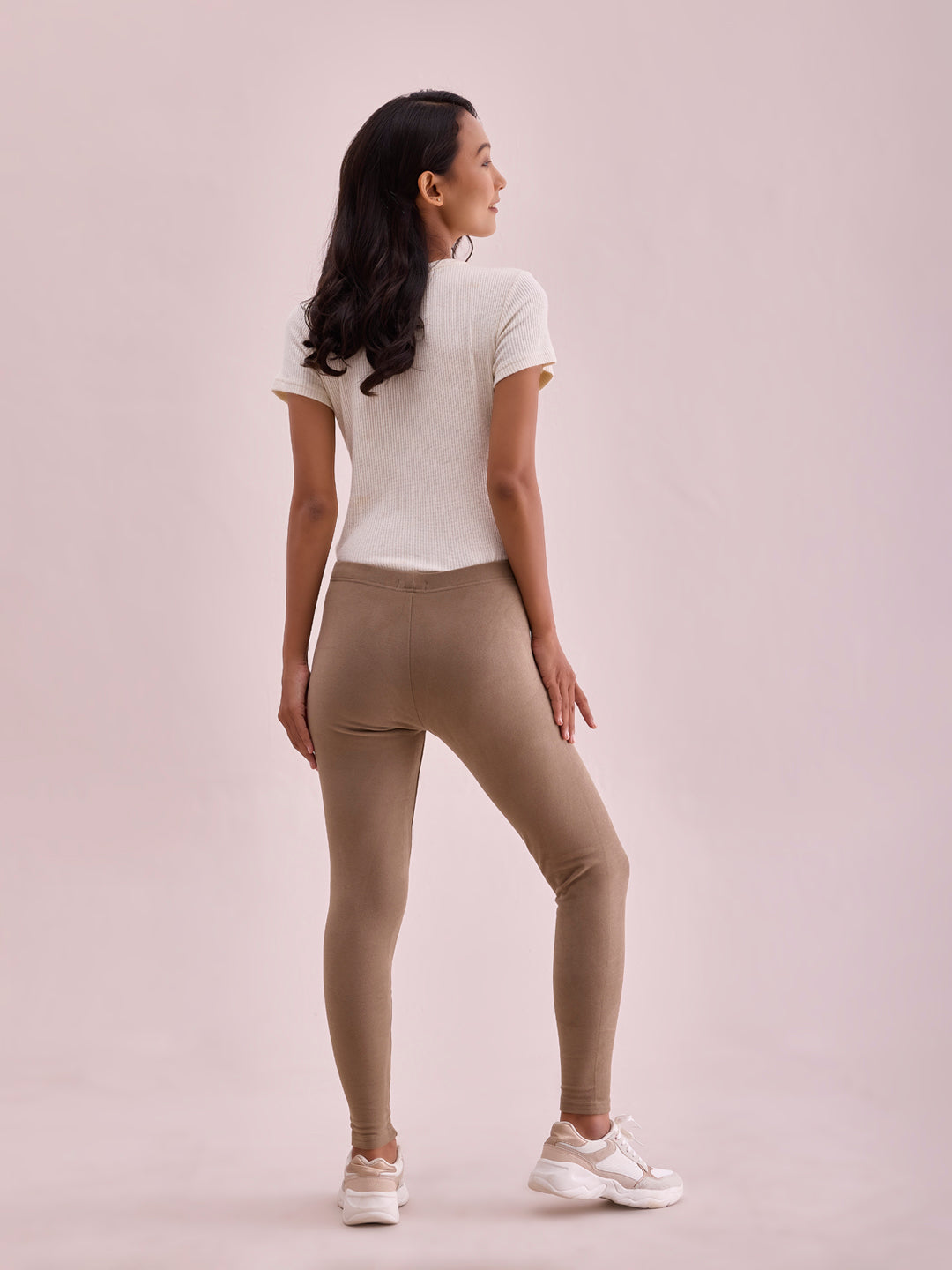 Women Solid Beige Mid Rise Warm Suede Legging