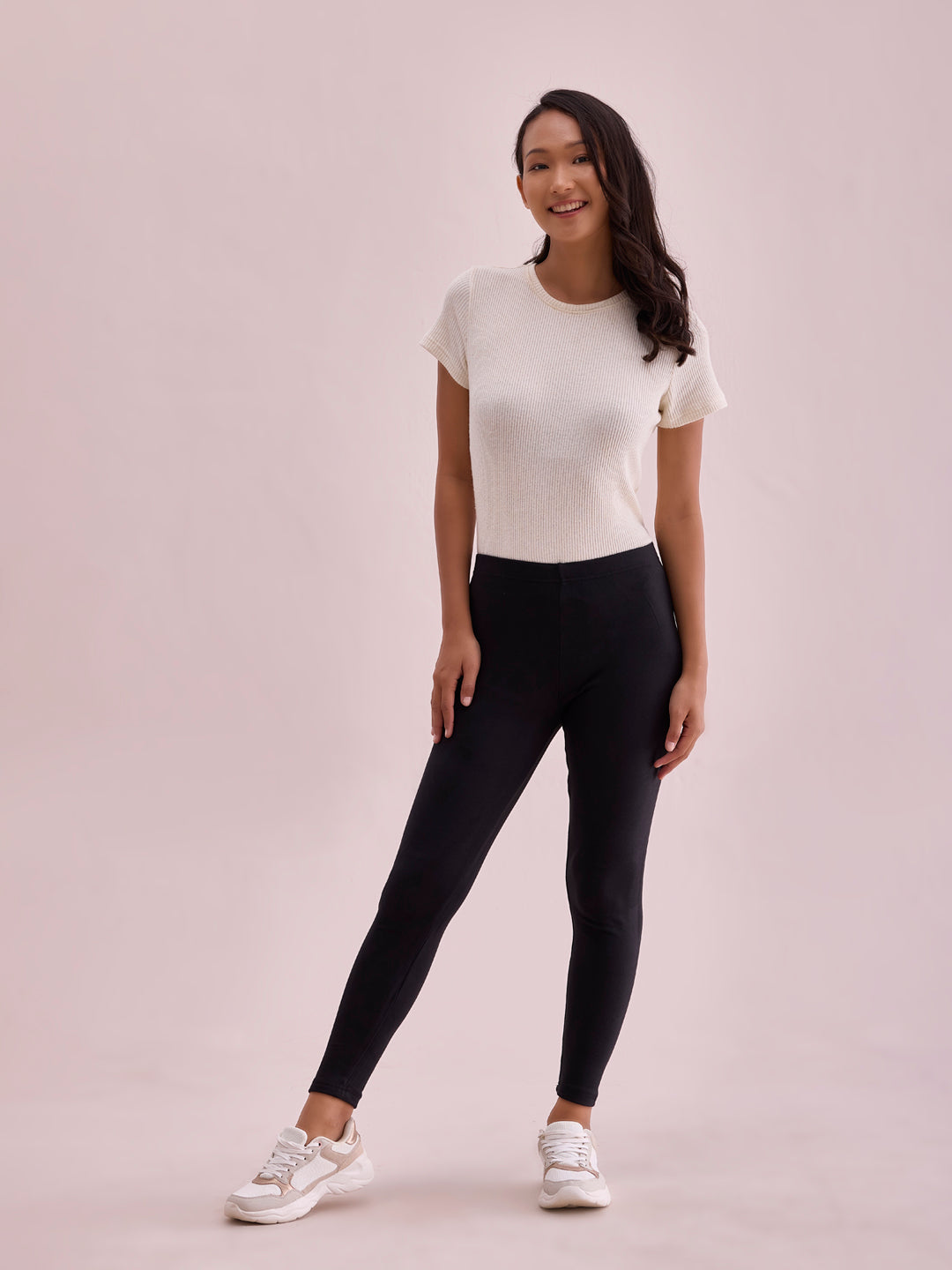 Women Solid Black Mid Rise Warm Suede Legging