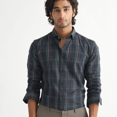 Rare Rabbit Men's Lome Navy Cotton Fabric Full Sleeves Checks Shirt