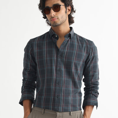 Rare Rabbit Men's Lome Navy Cotton Fabric Full Sleeves Checks Shirt