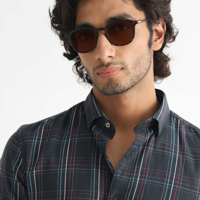 Rare Rabbit Men's Lome Navy Cotton Fabric Full Sleeves Checks Shirt