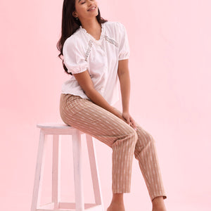 Women Solid Beige Mid Rise Linen Ikat Pencil Pants