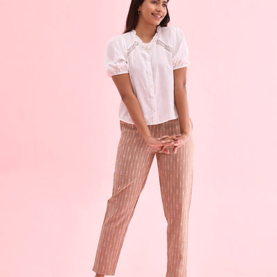 Women Solid Beige Mid Rise Linen Ikat Pencil Pants