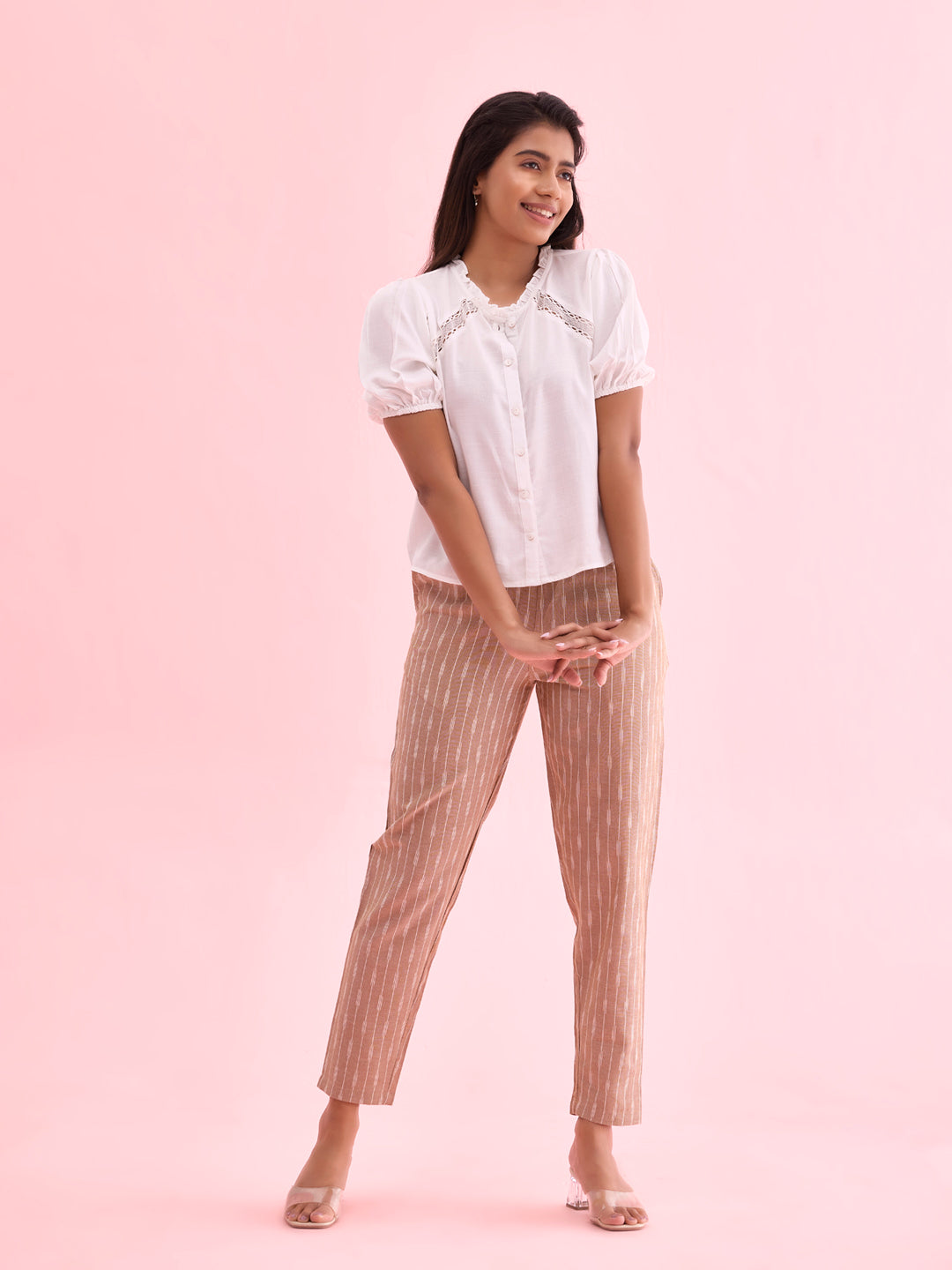 Women Solid Beige Mid Rise Linen Ikat Pencil Pants