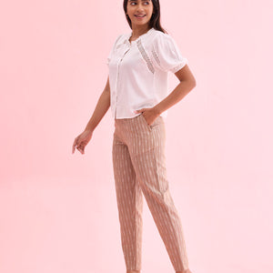Women Solid Beige Mid Rise Linen Ikat Pencil Pants