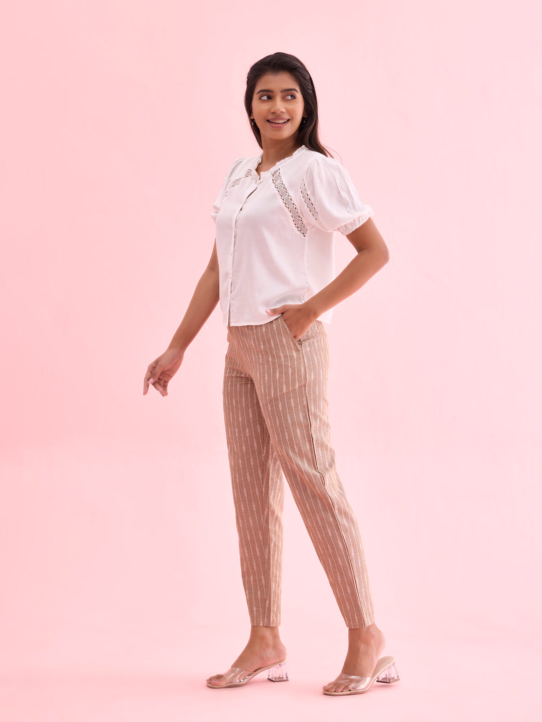 Women Solid Beige Mid Rise Linen Ikat Pencil Pants