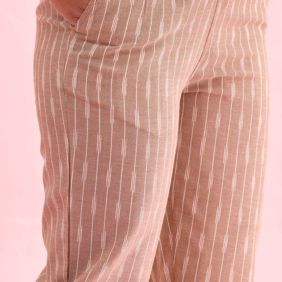 Women Solid Beige Mid Rise Linen Ikat Pencil Pants