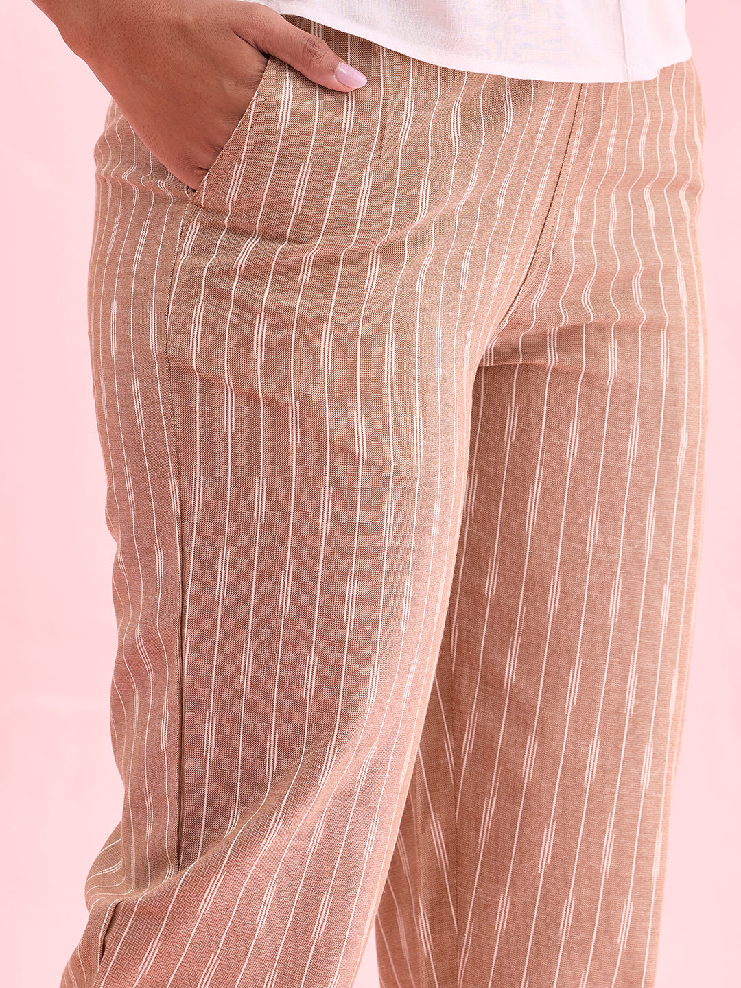 Women Solid Beige Mid Rise Linen Ikat Pencil Pants