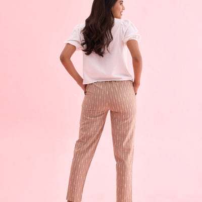 Women Solid Beige Mid Rise Linen Ikat Pencil Pants