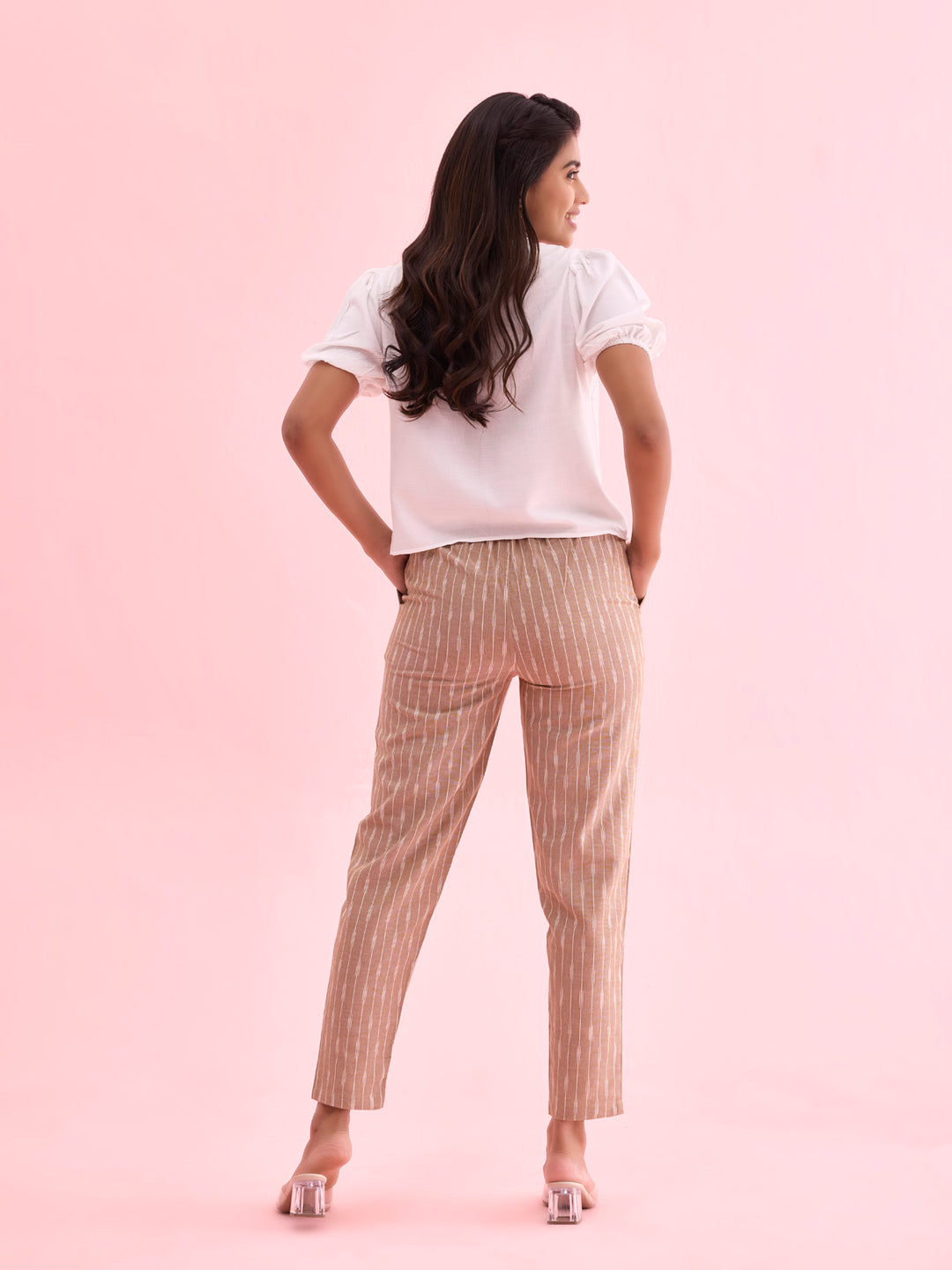 Women Solid Beige Mid Rise Linen Ikat Pencil Pants