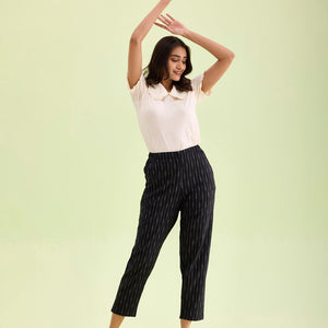 Women Solid Black Mid Rise Linen Ikat Pencil Pants