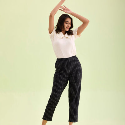 Women Solid Black Mid Rise Linen Ikat Pencil Pants