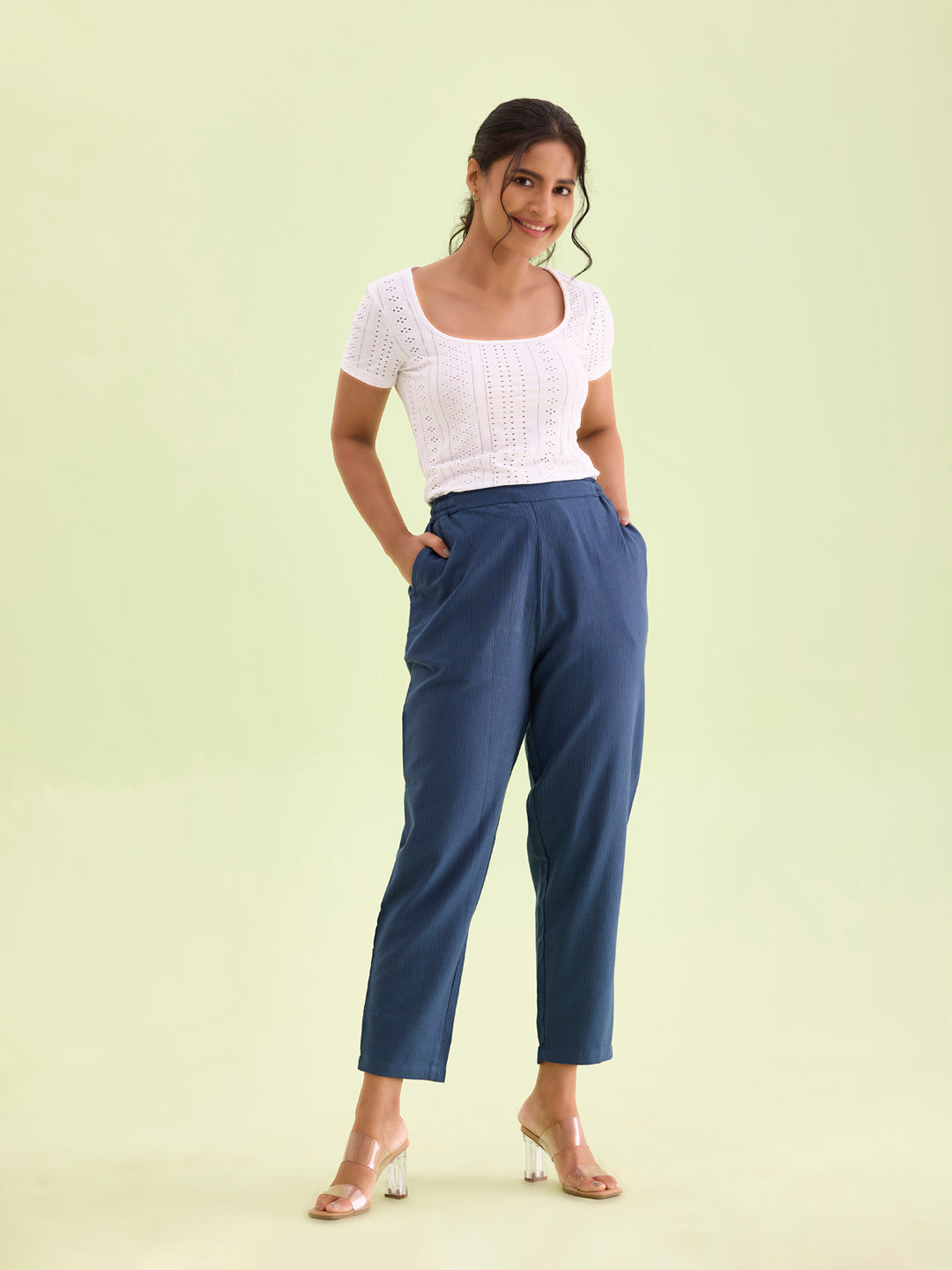 Women Stripe Blue Printed Pencil Pant