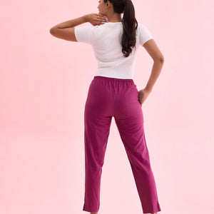Women Solid Dark Wine Cotton Pencil Pant