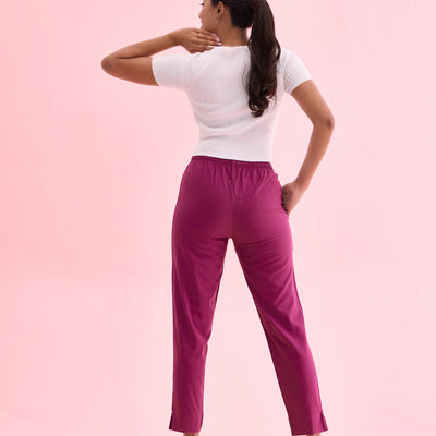 Women Solid Dark Wine Cotton Pencil Pant