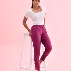 Women Solid Dark Wine Cotton Pencil Pant