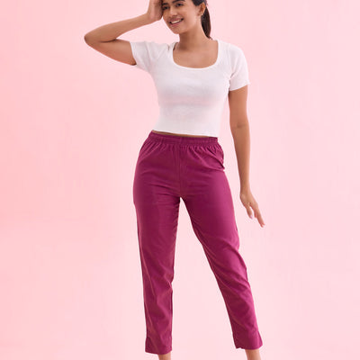 Women Solid Dark Wine Cotton Pencil Pant